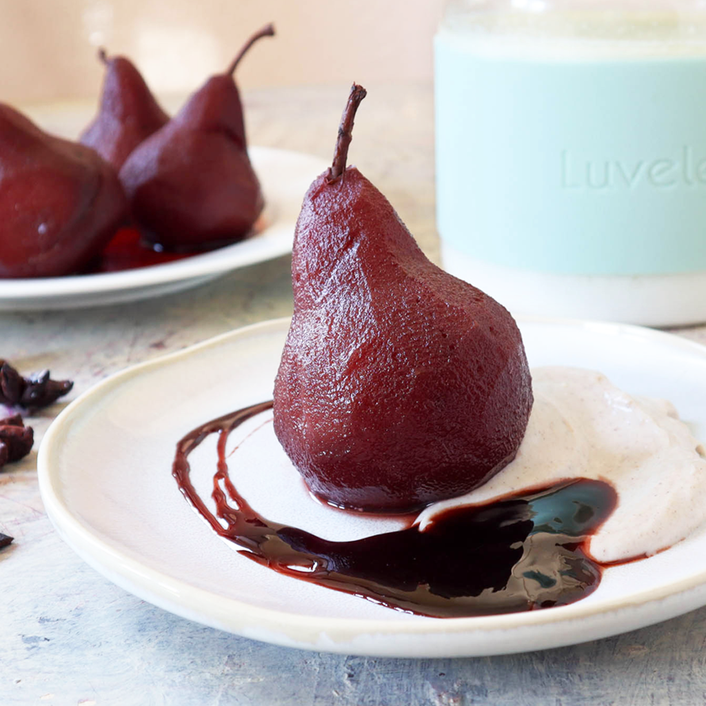 Spiced red wine pears with cinnamon yogurt