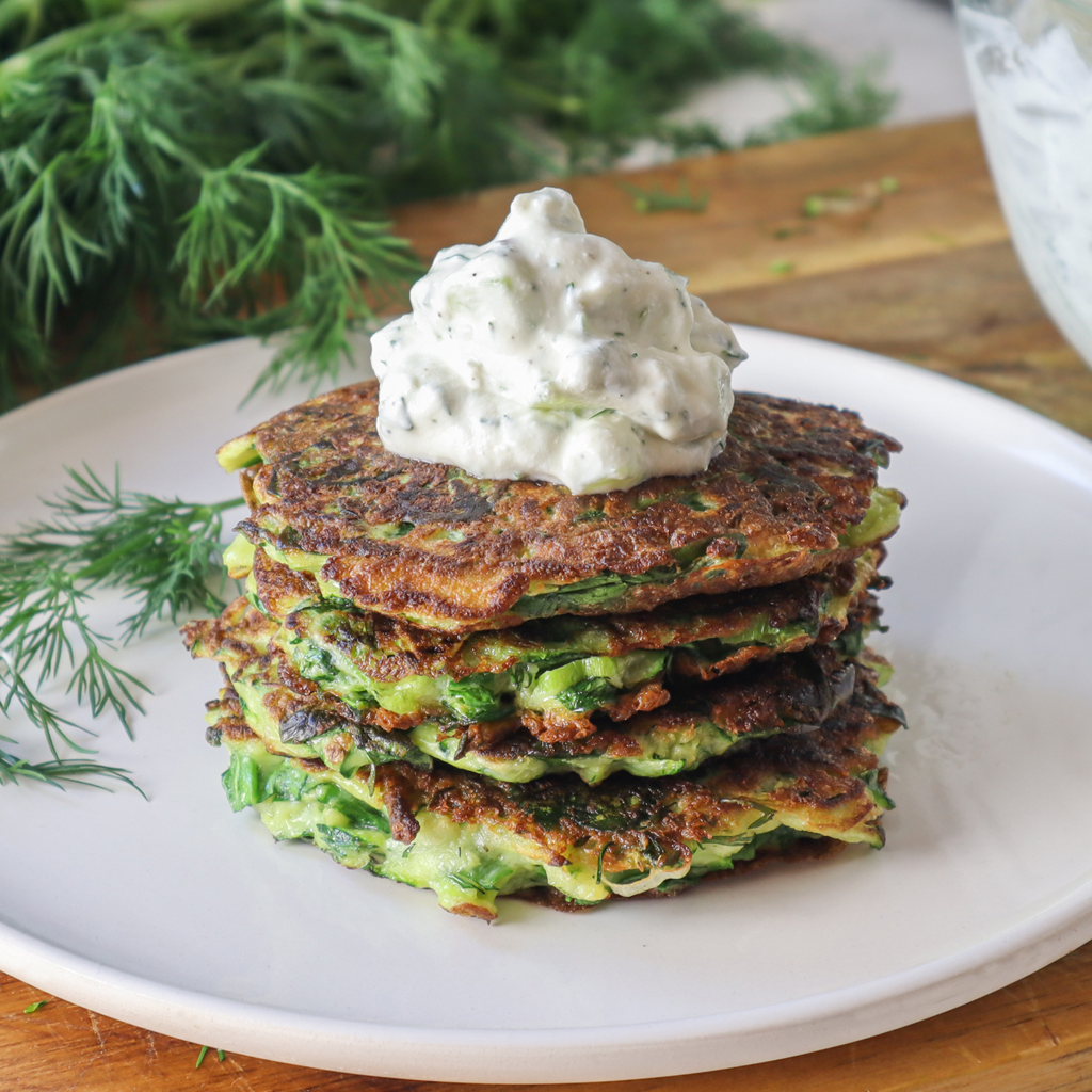 Zucchini & spinach fritters with dill tzatziki